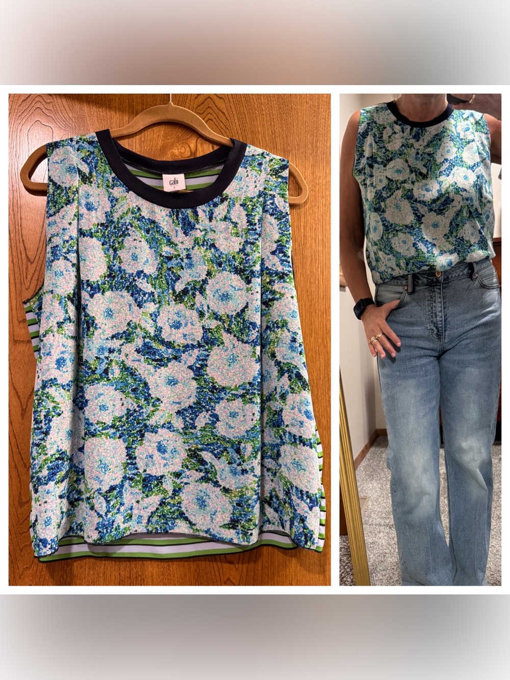 Cabi Floral (striped back) Knit Sleeveless Top in Blue & Green